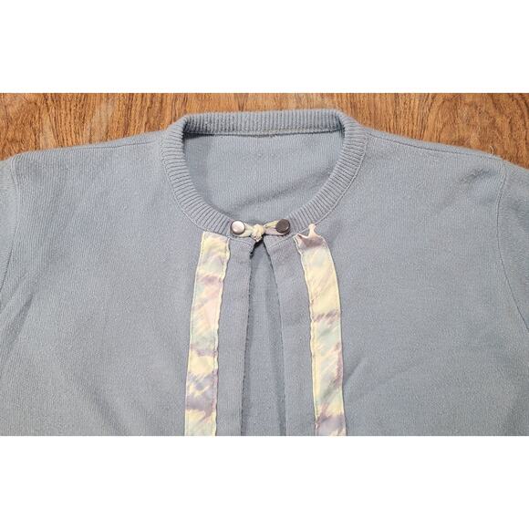 Vintage 1960s Blue Ribbon Trim Crew Neck Summer Cardigan XS/Sm One Button Knit - Picture 5 of 7
